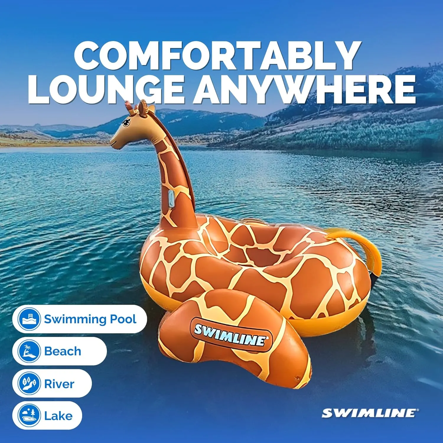 SWIMLINE ORIGINAL 90710 Giant Inflatable Giraffe Pool Float Floatie Ride-On Lounge W/ Stable Legs Wings Large Rideable Blow Up Summer Beach Swimming Party Lounge Big Raft Tube Decoration Toys Kids