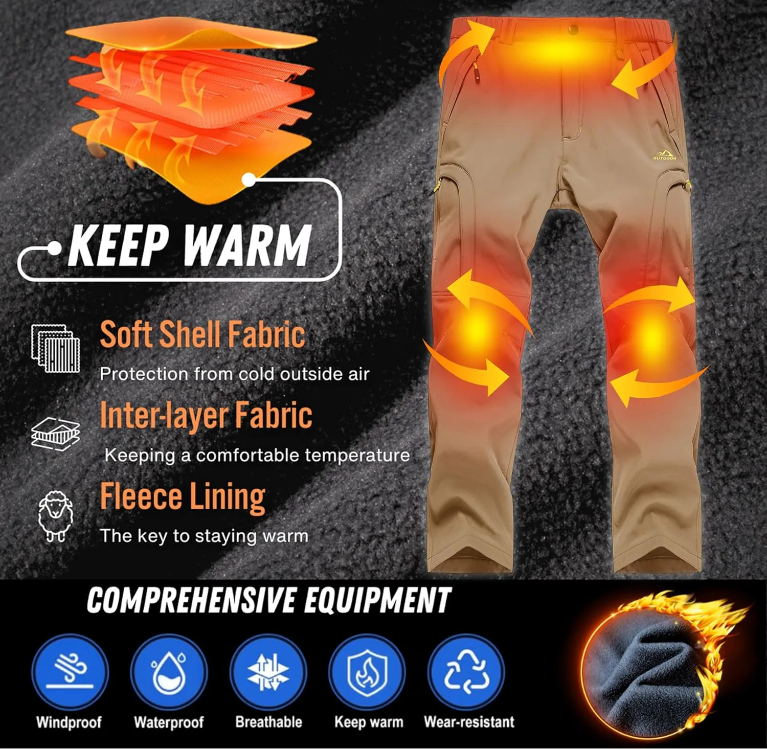 TACVASEN Winter Pants for Men Fleece Lined Waterproof Pants Insulated Hiking Pant for Ski Snowboard Outdoor Work Hunting