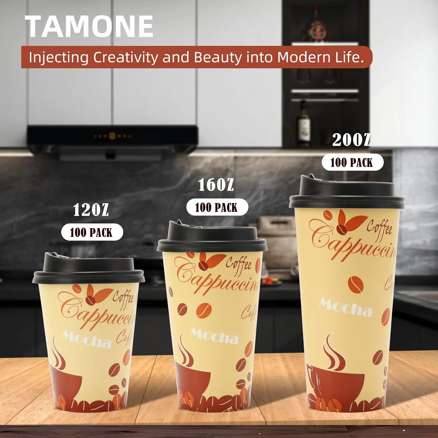 Tamone TACC 100 PACK 16OZ Thanksgiving Cups Disposable Coffee Cups with Lids and Stirrers, To Go Coffee Cups with Lids Leak Proof, Coffee Design Brown Paper Cups for Cold/Hot Beverage Chocolate Cocoa