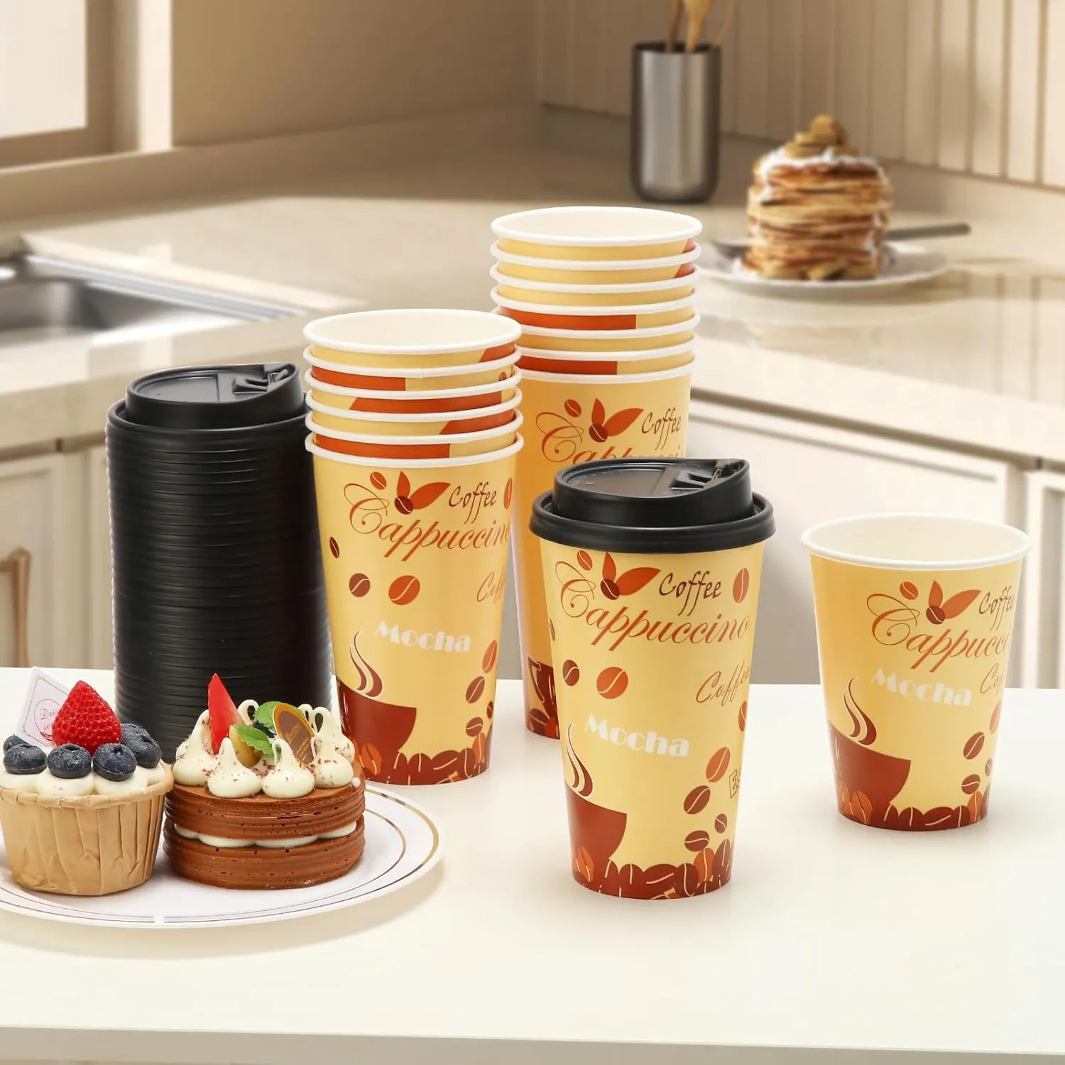 Tamone TACC 100 PACK 16OZ Thanksgiving Cups Disposable Coffee Cups with Lids and Stirrers, To Go Coffee Cups with Lids Leak Proof, Coffee Design Brown Paper Cups for Cold/Hot Beverage Chocolate Cocoa