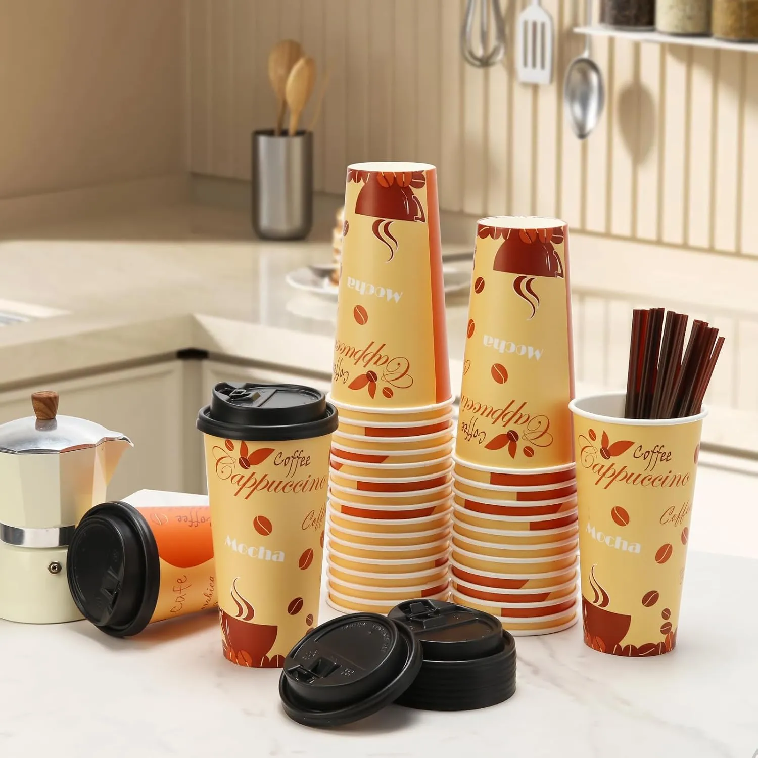 Tamone TACC 100 PACK 16OZ Thanksgiving Cups Disposable Coffee Cups with Lids and Stirrers, To Go Coffee Cups with Lids Leak Proof, Coffee Design Brown Paper Cups for Cold/Hot Beverage Chocolate Cocoa