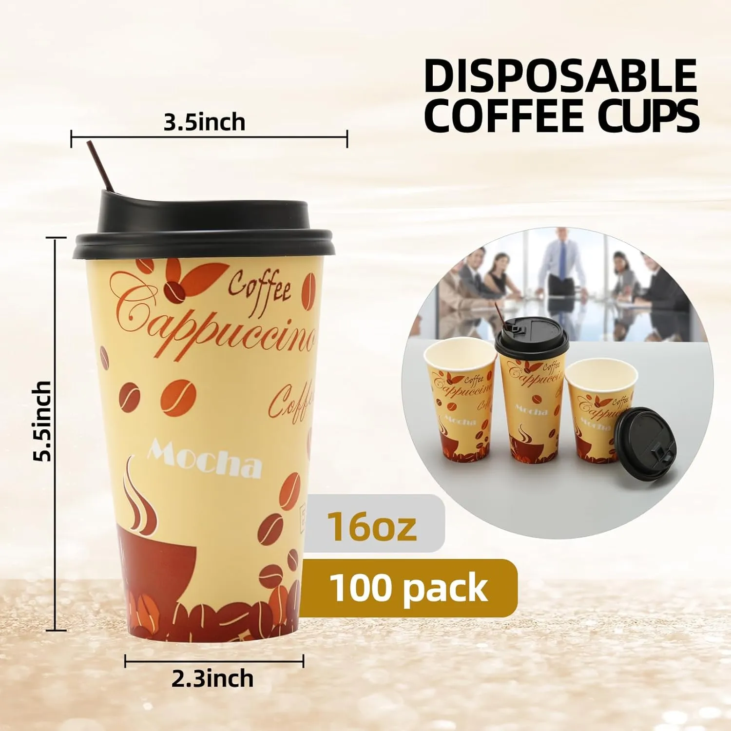 Tamone TACC 100 PACK 16OZ Thanksgiving Cups Disposable Coffee Cups with Lids and Stirrers, To Go Coffee Cups with Lids Leak Proof, Coffee Design Brown Paper Cups for Cold/Hot Beverage Chocolate Cocoa