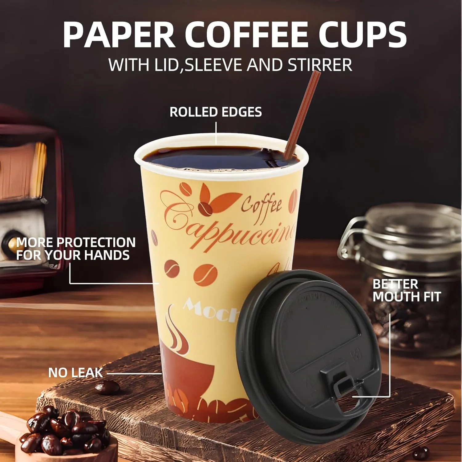 Tamone TACC 100 PACK 16OZ Thanksgiving Cups Disposable Coffee Cups with Lids and Stirrers, To Go Coffee Cups with Lids Leak Proof, Coffee Design Brown Paper Cups for Cold/Hot Beverage Chocolate Cocoa