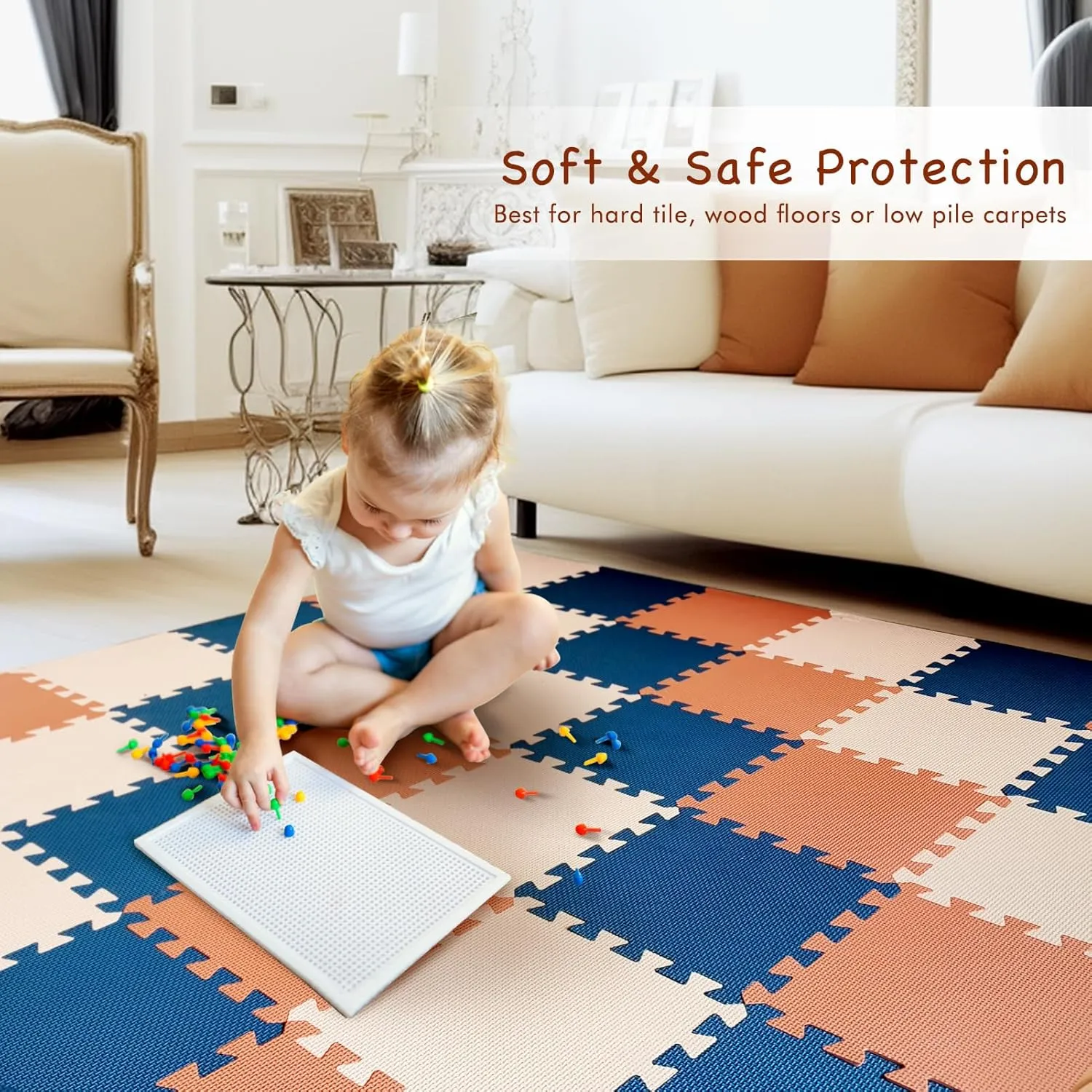 TCBunny Kids Soft EVA Foam Jigsaw Puzzle Play Mat, 18 Interlocking Tiles and Edges Baby Play Mat, for Kids Gym, Nursery, Playroom, Pet Mat, Total Floor Coverage 16 Sq Ft, Blue/Pink/Cream