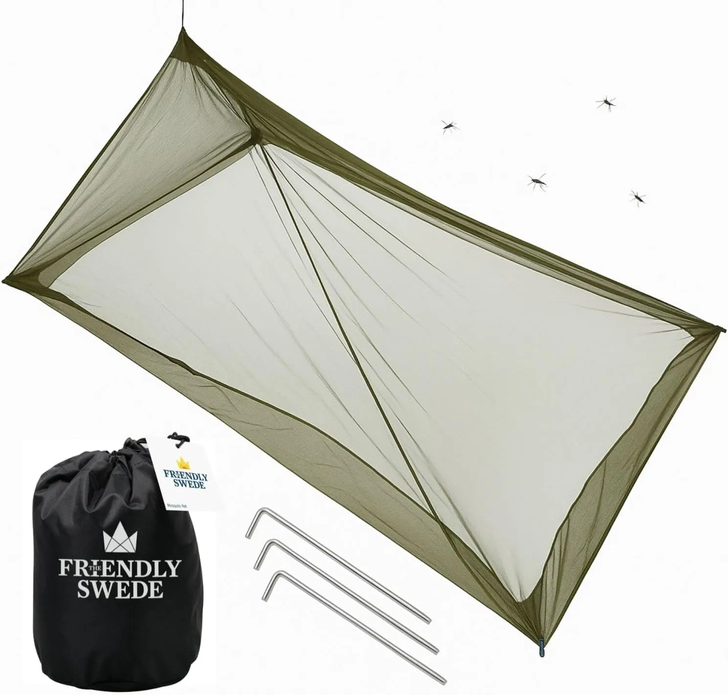 The Friendly Swede Outdoor Mosquito Net — Mosquito Netting for Camping & Bed; Army Green Bug Net with Stuff Sack, 4 Ground Stakes & Adjustable Cord; Single Bug Tent