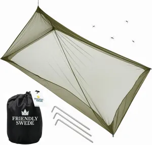 The Friendly Swede Outdoor Mosquito Net — Mosquito Netting for Camping & Bed; Army Green Bug Net with Stuff Sack, 4 Ground Stakes & Adjustable Cord; Single Bug Tent