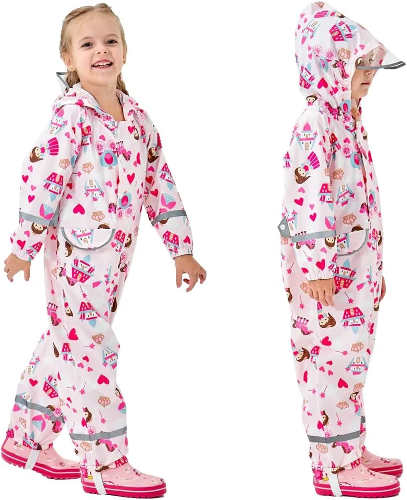 Toddler Kids Rain Suit with Hood - Waterproof Coverall One Piece for Kids (1-9 Years)