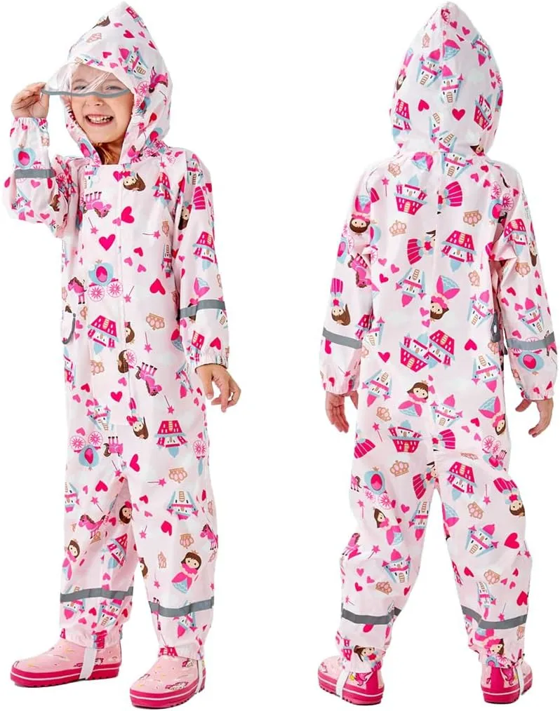Toddler Kids Rain Suit with Hood - Waterproof Coverall One Piece for Kids (1-9 Years)