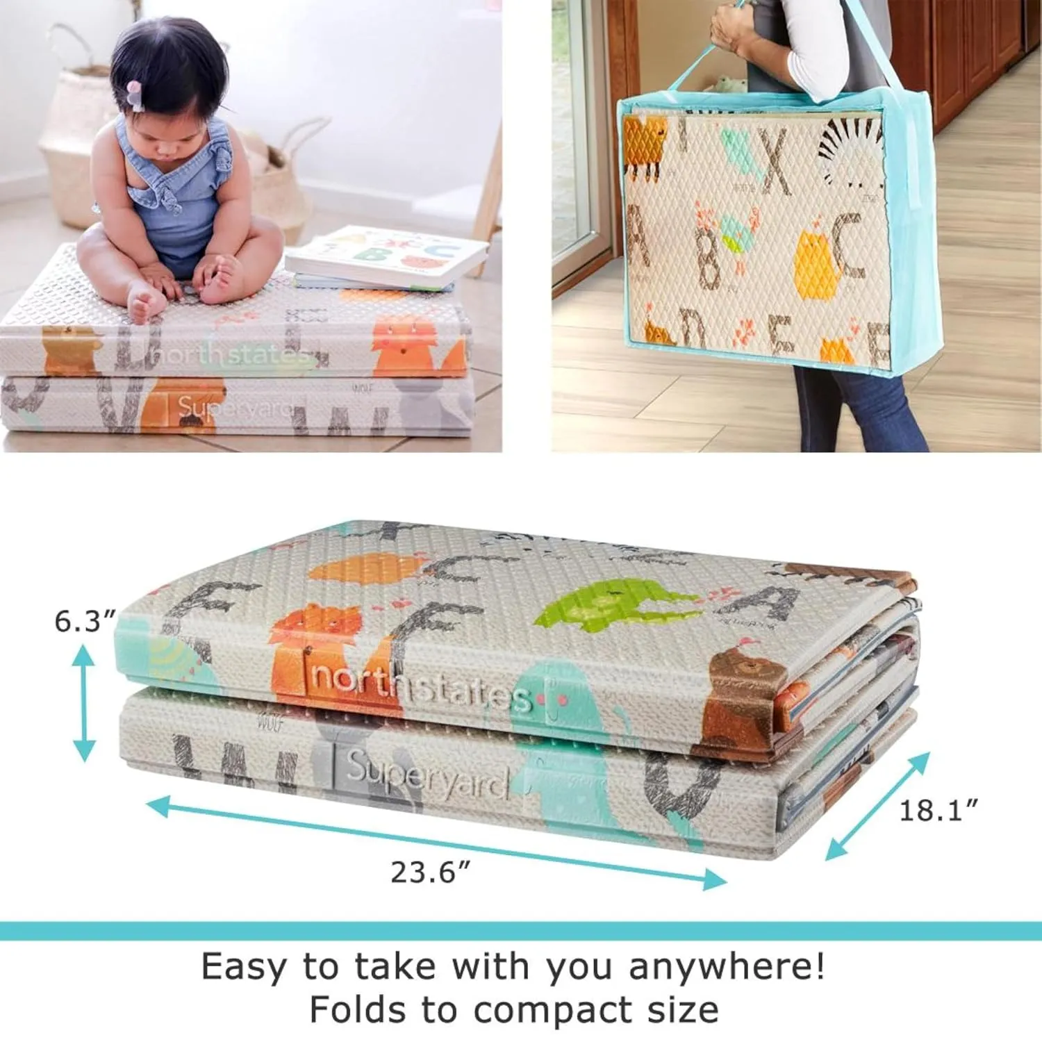 Toddleroo by North States 71" x 71" Foldable ABC Padded Play Mat. Extra Large Foam Baby Play Mats for Floor, Waterproof Tummy Time Mat for Indoor & Outdoor Use