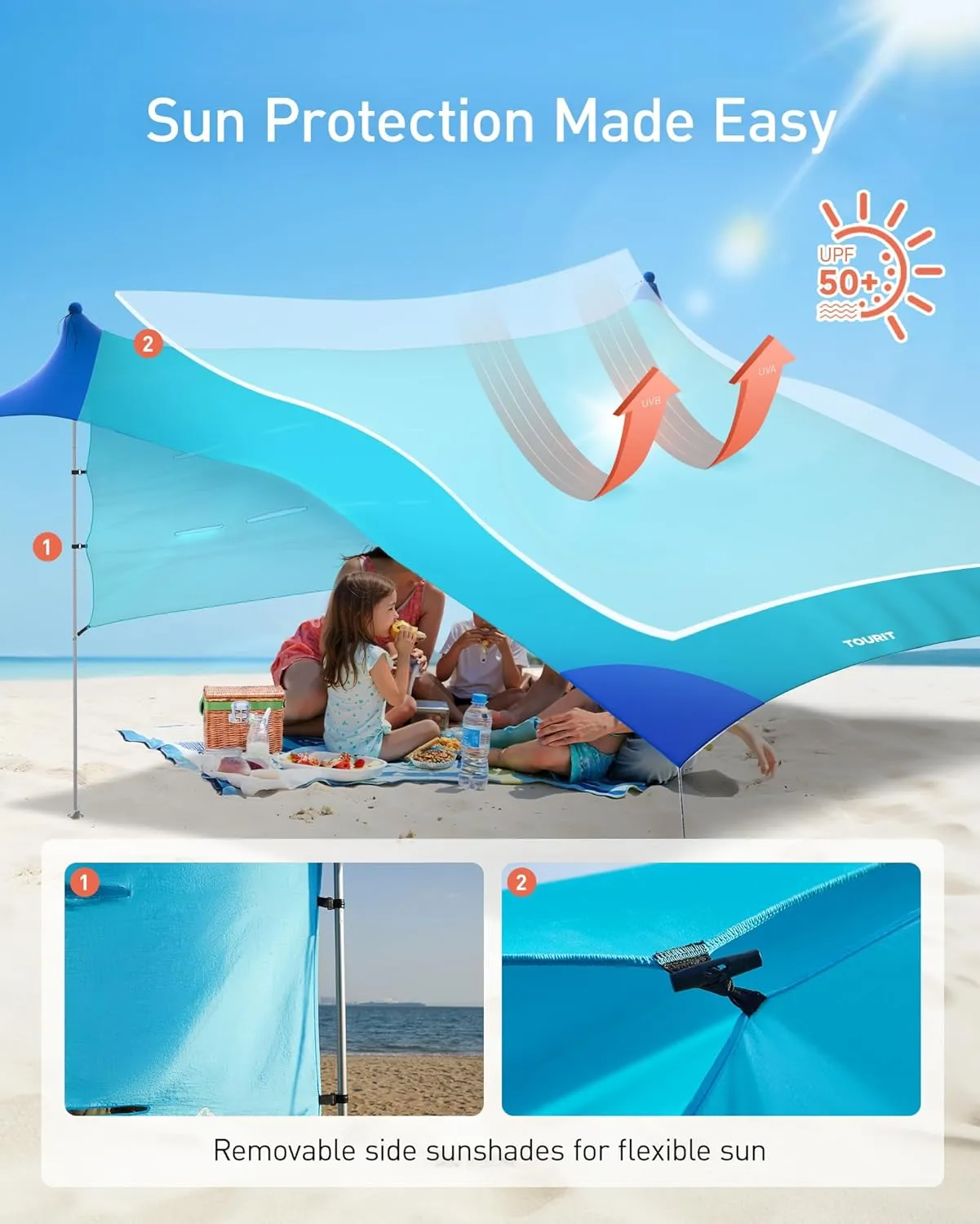 TOURIT Beach Tent Sun Shelter 11x11ft, UPF50  Protection Beach Canopy Tent Sun Shade with Windproof Design, Outdoor Canopy for Camping, Fishing, Backyard, Green