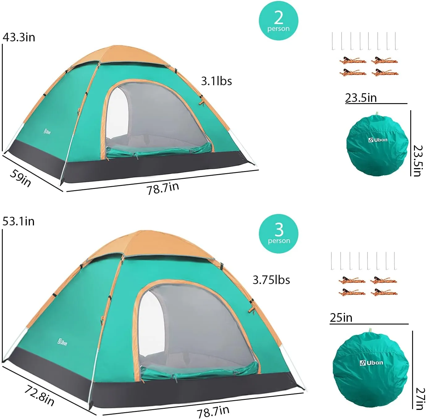 Ubon 2/3 Person Lightweight Instant Pop Up Indoor Outdoor Backyard Tent for Camping Backpacking