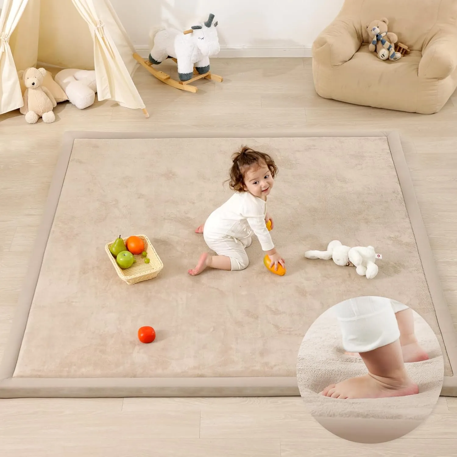 Ultra Soft Baby Play Mat,71"×79" Extra Large Activity Tummy Time Mat for Toddlers,Infants,Kids,1.3" Thick Elasti-Foam Nursery Rug for Floor,Non-Slip Safe for Crawling,Water-Repellent(Beige)