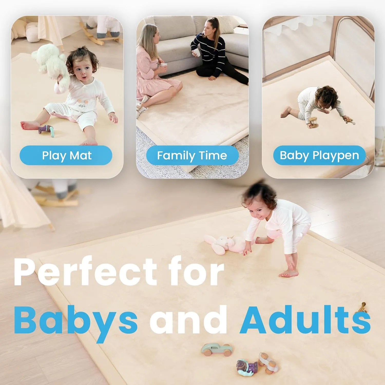 Ultra Soft Baby Play Mat,71"×79" Extra Large Activity Tummy Time Mat for Toddlers,Infants,Kids,1.3" Thick Elasti-Foam Nursery Rug for Floor,Non-Slip Safe for Crawling,Water-Repellent(Beige)