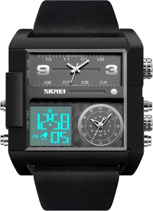 Unique Digital Wathes for Men, Cool Led Analog Quartz Wristwatch, 3-Time Zone Large Face Stopwatch, Square Chronograph Watch(30M Waterproof, 12/24H Calendar, Alarm)
