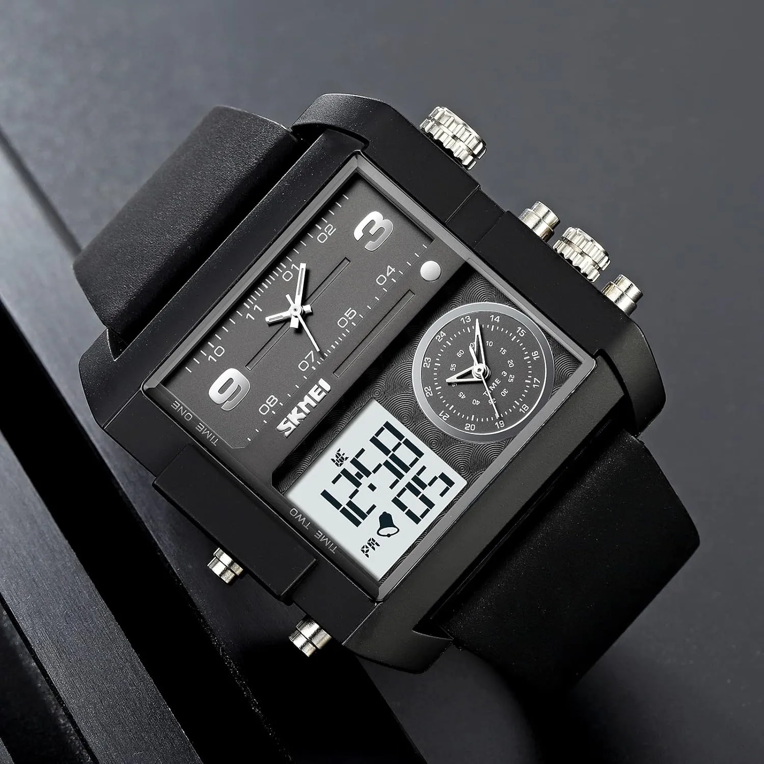 Unique Digital Wathes for Men, Cool Led Analog Quartz Wristwatch, 3-Time Zone Large Face Stopwatch, Square Chronograph Watch(30M Waterproof, 12/24H Calendar, Alarm)