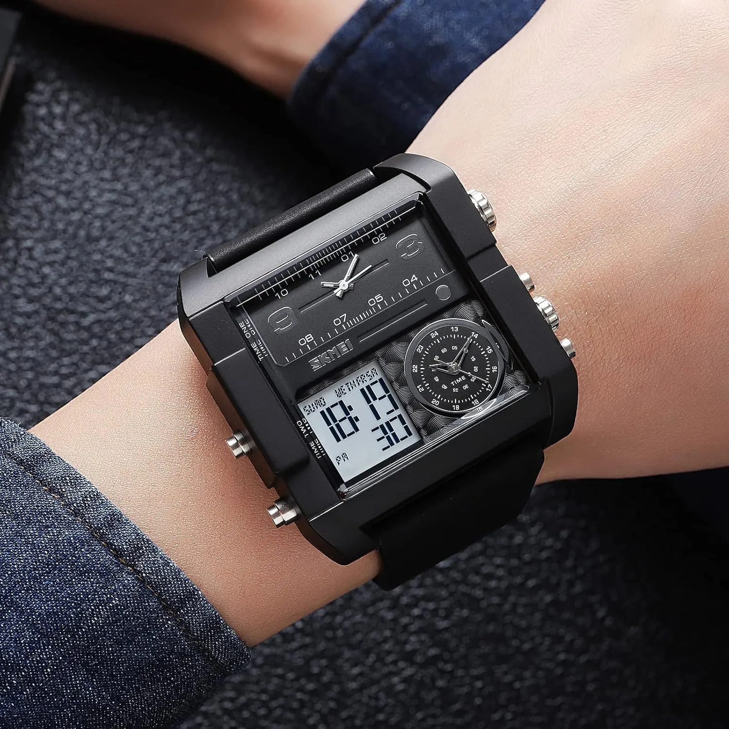 Unique Digital Wathes for Men, Cool Led Analog Quartz Wristwatch, 3-Time Zone Large Face Stopwatch, Square Chronograph Watch(30M Waterproof, 12/24H Calendar, Alarm)