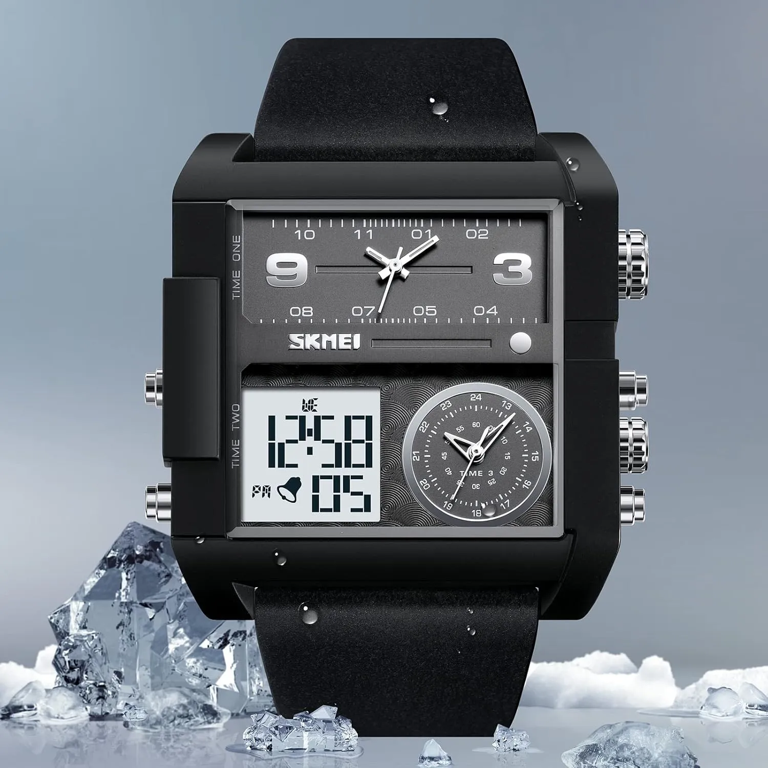 Unique Digital Wathes for Men, Cool Led Analog Quartz Wristwatch, 3-Time Zone Large Face Stopwatch, Square Chronograph Watch(30M Waterproof, 12/24H Calendar, Alarm)