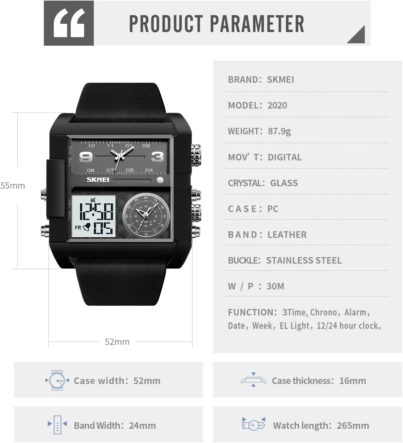 Unique Digital Wathes for Men, Cool Led Analog Quartz Wristwatch, 3-Time Zone Large Face Stopwatch, Square Chronograph Watch(30M Waterproof, 12/24H Calendar, Alarm)