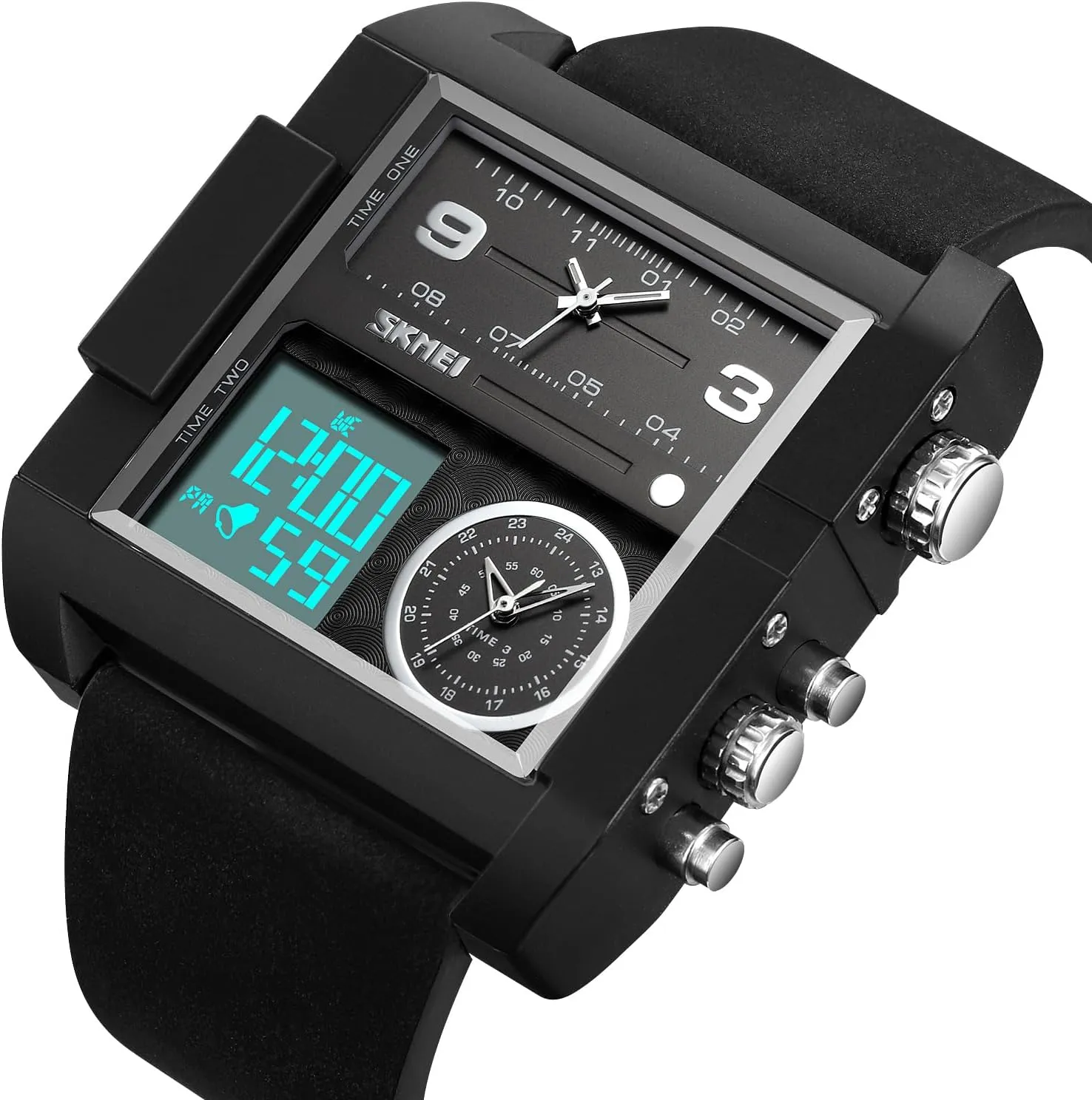 Unique Digital Wathes for Men, Cool Led Analog Quartz Wristwatch, 3-Time Zone Large Face Stopwatch, Square Chronograph Watch(30M Waterproof, 12/24H Calendar, Alarm)