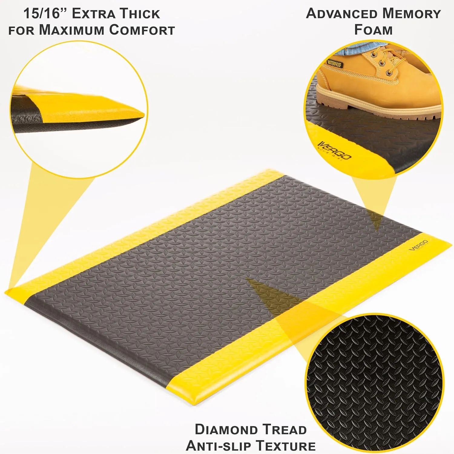Vergo Anti Fatigue Mats Industrial Extra Thick 15/16" - Heavy Duty Commercial Grade Diamond Plate Vinyl Non Slip Safety Ergonomic Standing Mat - Black with Yellow Borders (1-Pack 3' x 5')