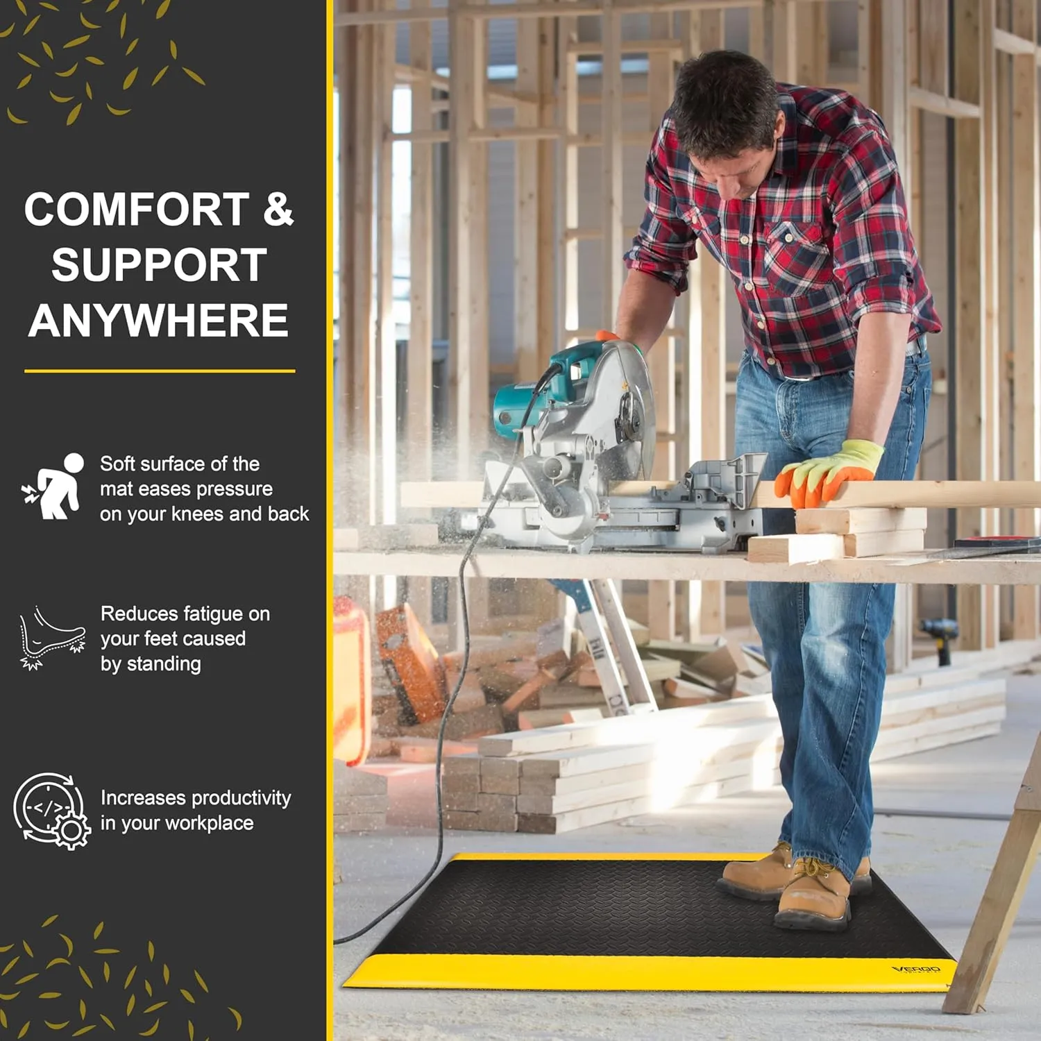 Vergo Anti Fatigue Mats Industrial Extra Thick 15/16" - Heavy Duty Commercial Grade Diamond Plate Vinyl Non Slip Safety Ergonomic Standing Mat - Black with Yellow Borders (1-Pack 3' x 5')