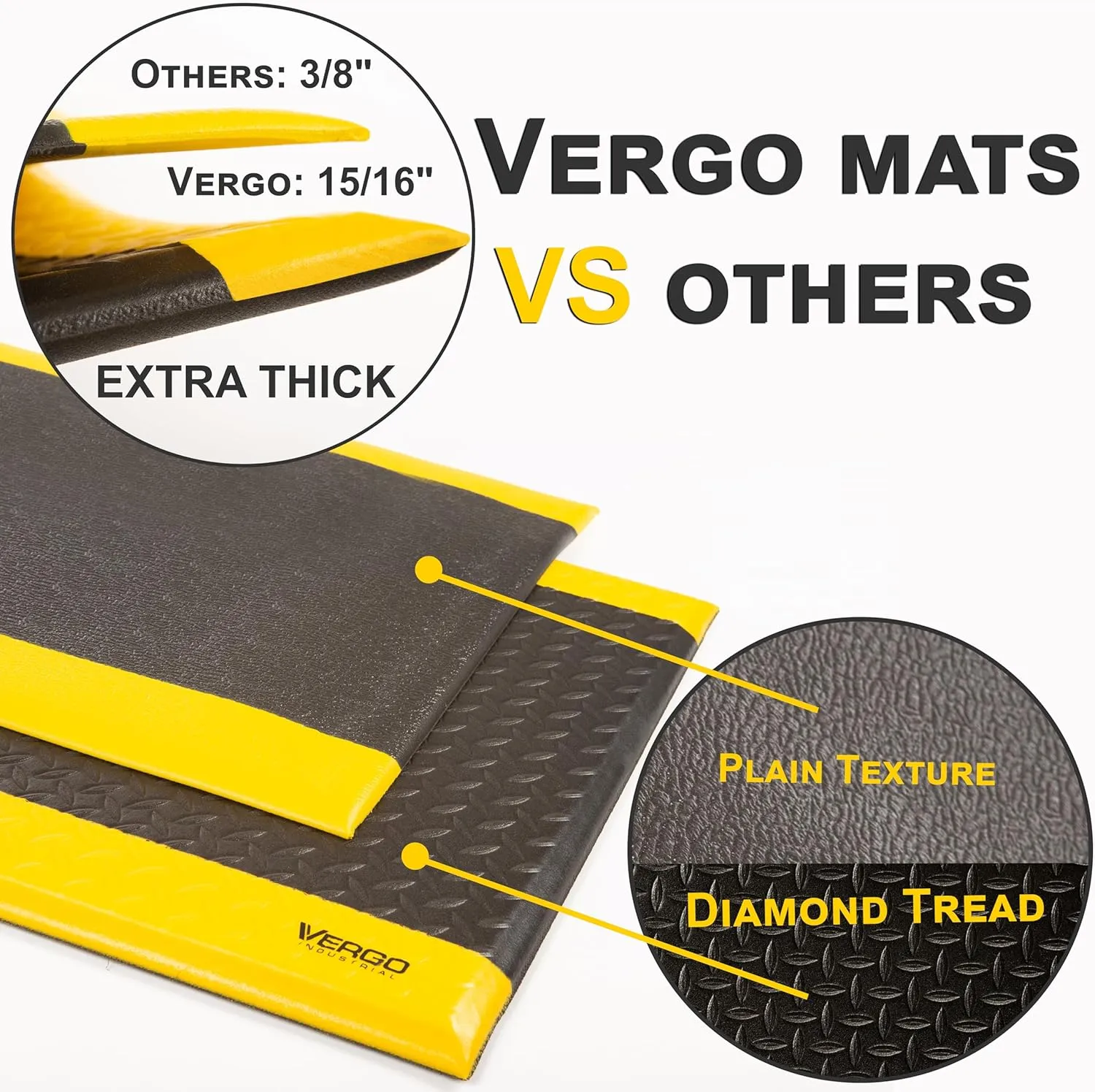 Vergo Anti Fatigue Mats Industrial Extra Thick 15/16" - Heavy Duty Commercial Grade Diamond Plate Vinyl Non Slip Safety Ergonomic Standing Mat - Black with Yellow Borders (1-Pack 3' x 5')