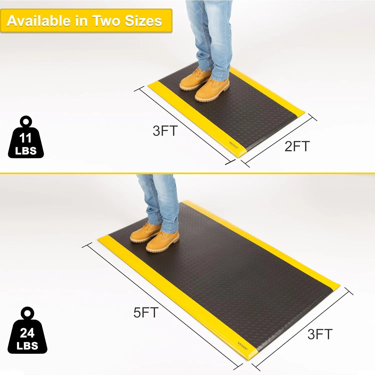 Vergo Anti Fatigue Mats Industrial Extra Thick 15/16" - Heavy Duty Commercial Grade Diamond Plate Vinyl Non Slip Safety Ergonomic Standing Mat - Black with Yellow Borders (1-Pack 3' x 5')