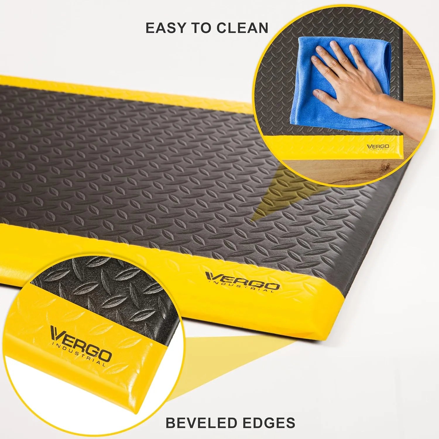 Vergo Anti Fatigue Mats Industrial Extra Thick 15/16" - Heavy Duty Commercial Grade Diamond Plate Vinyl Non Slip Safety Ergonomic Standing Mat - Black with Yellow Borders (1-Pack 3' x 5')