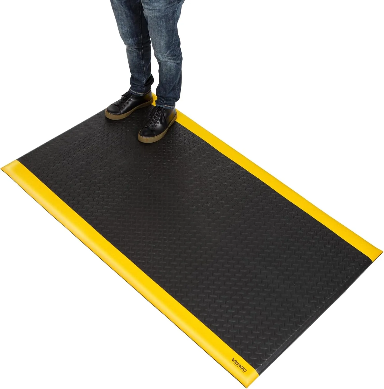 Vergo Anti Fatigue Mats Industrial Extra Thick 15/16" - Heavy Duty Commercial Grade Diamond Plate Vinyl Non Slip Safety Ergonomic Standing Mat - Black with Yellow Borders (1-Pack 3' x 5')