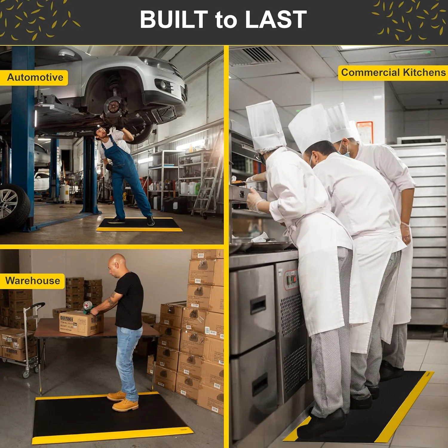Vergo Anti Fatigue Mats Industrial Extra Thick 15/16" - Heavy Duty Commercial Grade Diamond Plate Vinyl Non Slip Safety Ergonomic Standing Mat - Black with Yellow Borders (1-Pack 3' x 5')