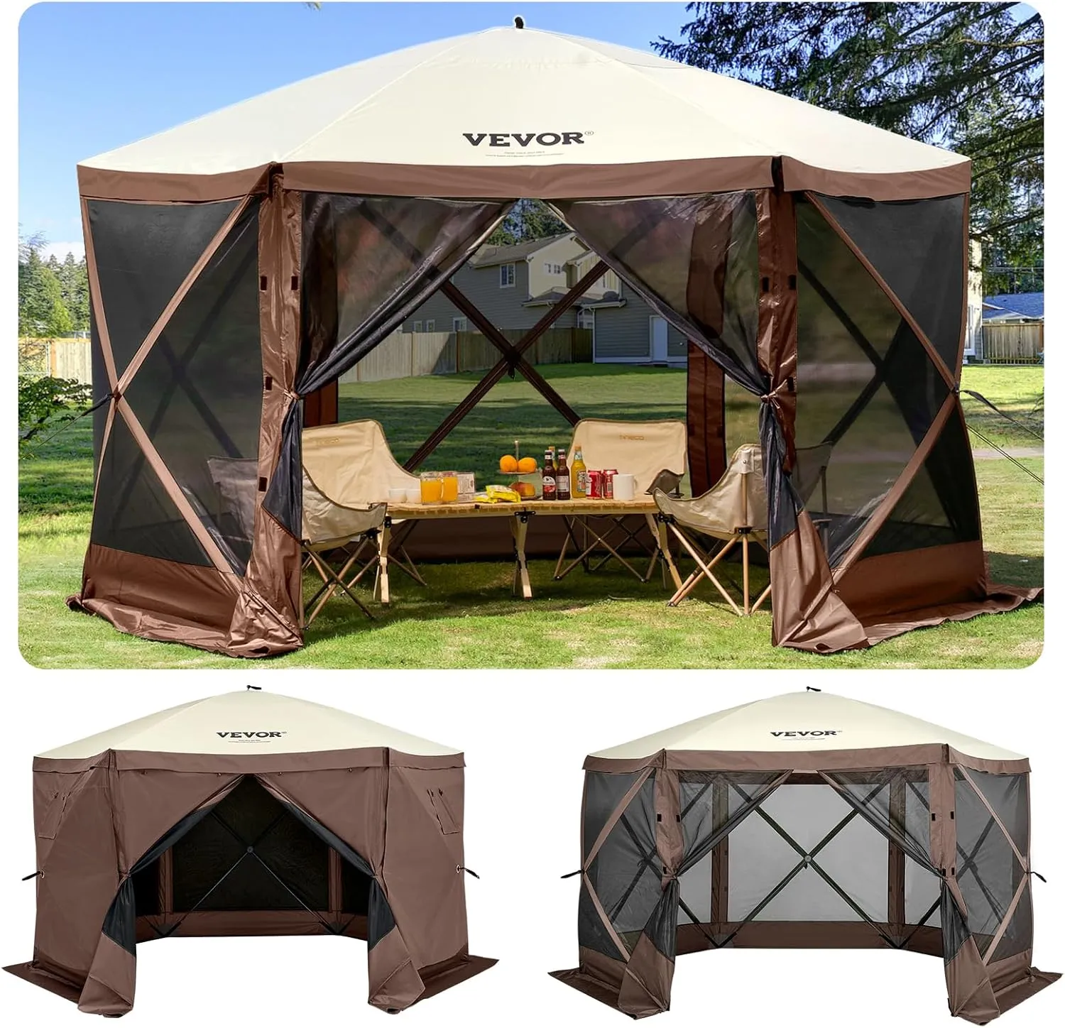 VEVOR Pop Up Gazebo Screen Tent, Pavilion Gazebo Tent, 11.5 x 11.5 ft 6-Sided Camping Instant Canopy Sun Shelter with 6 Removable Privacy Wind Cloths, Mosquito Netting, for Patio, Backyard, Lawn