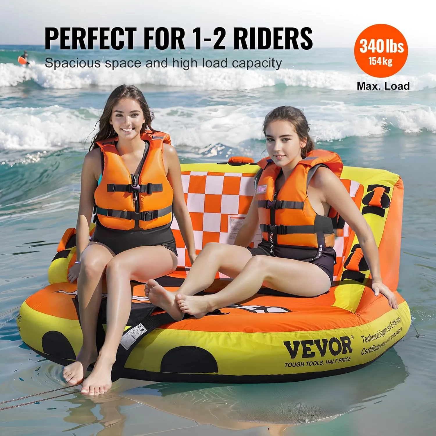 VEVOR Towable Tube for Boating, 1-4 Riders Inflatable Towable Tubes with Deck Seats and Backrest, 340/510/680 lbs Water Sport Tube,Full Nylon Cover, EVA Grab Handles and Speed Safety Valve