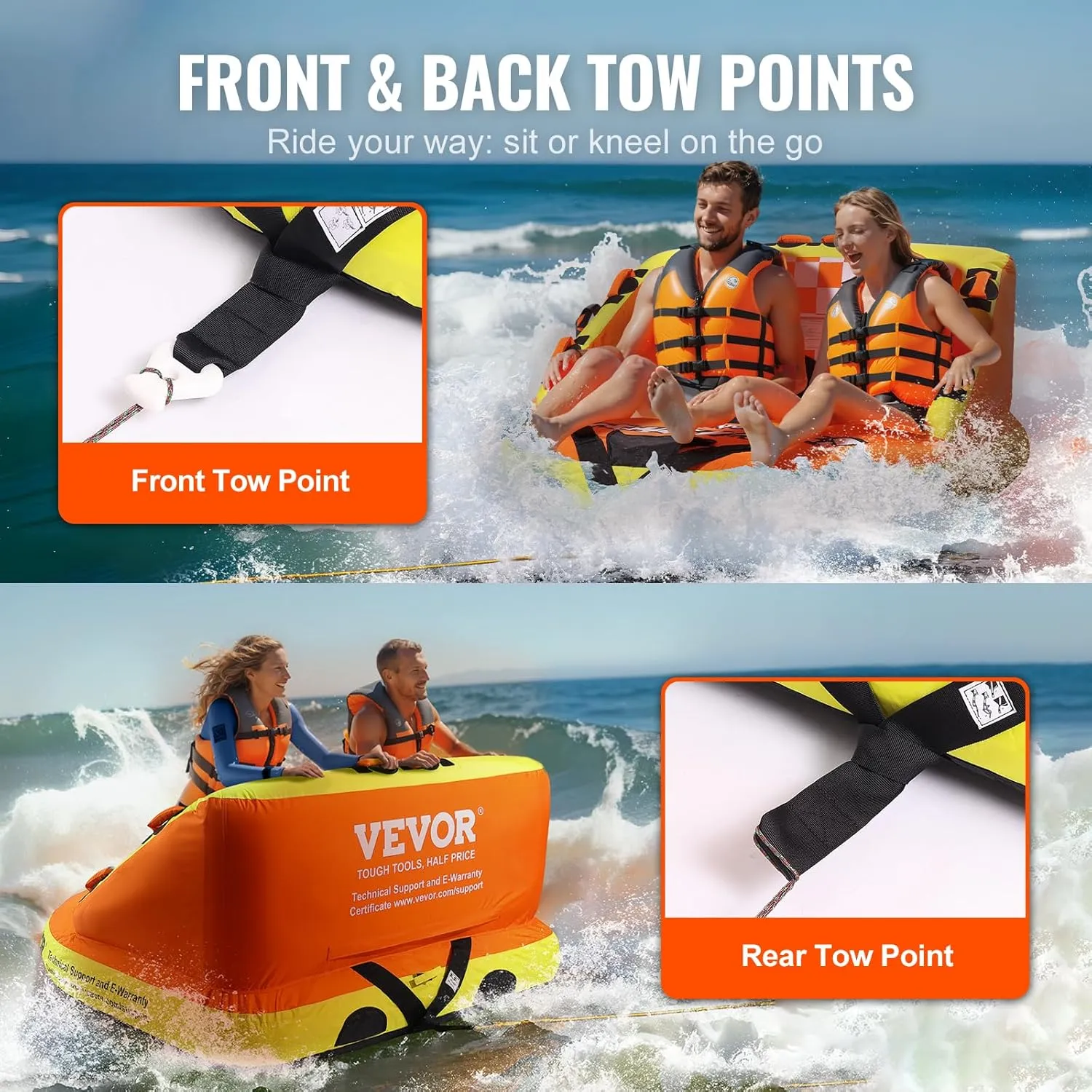 VEVOR Towable Tube for Boating, 1-4 Riders Inflatable Towable Tubes with Deck Seats and Backrest, 340/510/680 lbs Water Sport Tube,Full Nylon Cover, EVA Grab Handles and Speed Safety Valve