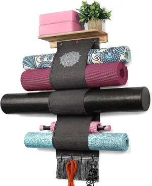 VINAEMO Yoga Mat Holder Accessories Wall Mount Organizer Storage Decor Foam Roller and Towel Storage Rack with 4 Hooks and Wooden Shelves Yoga Mats Rack Resistance Bands for Home Gym School Office