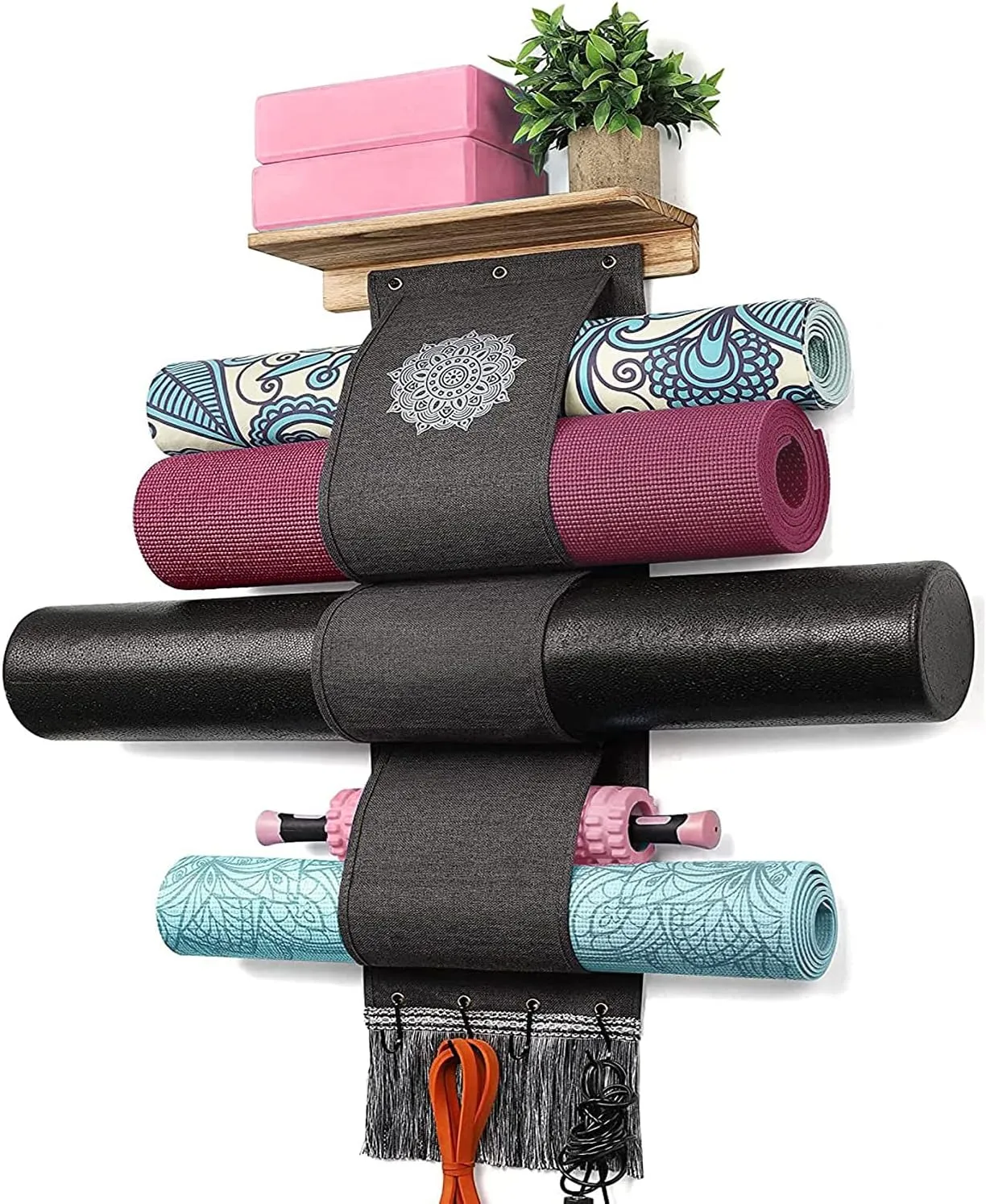 VINAEMO Yoga Mat Holder Accessories Wall Mount Organizer Storage Decor Foam Roller and Towel Storage Rack with 4 Hooks and Wooden Shelves Yoga Mats Rack Resistance Bands for Home Gym School Office