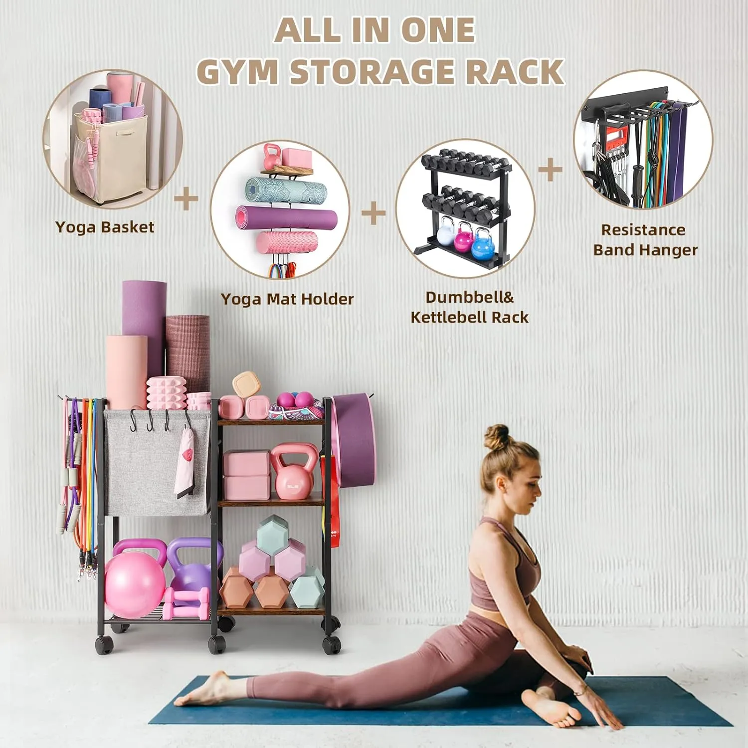 VINAEMO Yoga Mat Storage Rack Home Gym Equipment Storage Organizer Yoga Mat Holder for Yoga Mat Foam Roller Dumbbells Kettlebells Resistance Bands and More Gym Accessories Women Men