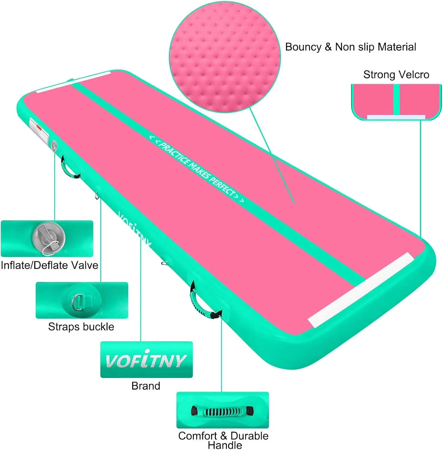VOFiTNY All Purpose Gymnastics Mat 6.6/10/13/16/20 ft Sturdy Inflatable Tumble Track for Home/Gym