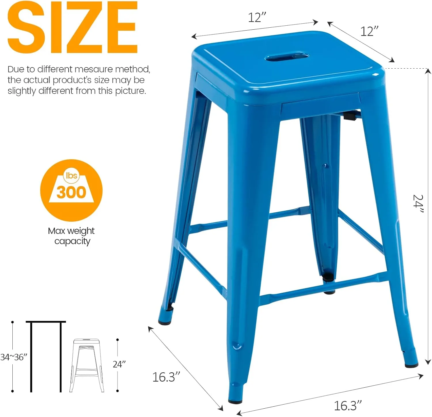 Vogue Furniture Direct 24 Inch Metal Bar Stools, Backless Counter Height Barstools, Indoor Outdoor Stackable Stools with Square Seat, Set of 2 (Blue)
