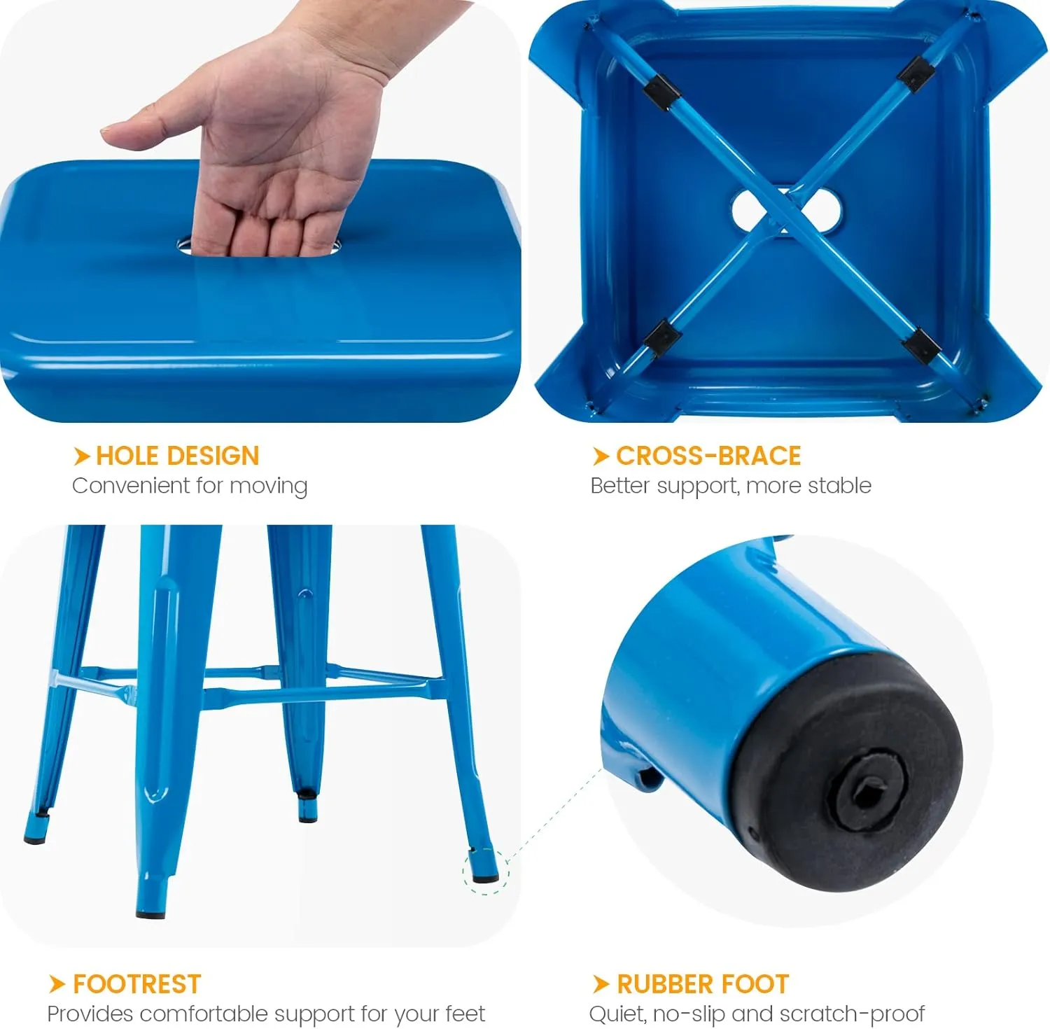 Vogue Furniture Direct 24 Inch Metal Bar Stools, Backless Counter Height Barstools, Indoor Outdoor Stackable Stools with Square Seat, Set of 2 (Blue)
