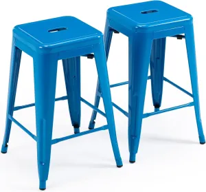 Vogue Furniture Direct 24 Inch Metal Bar Stools, Backless Counter Height Barstools, Indoor Outdoor Stackable Stools with Square Seat, Set of 2 (Blue)
