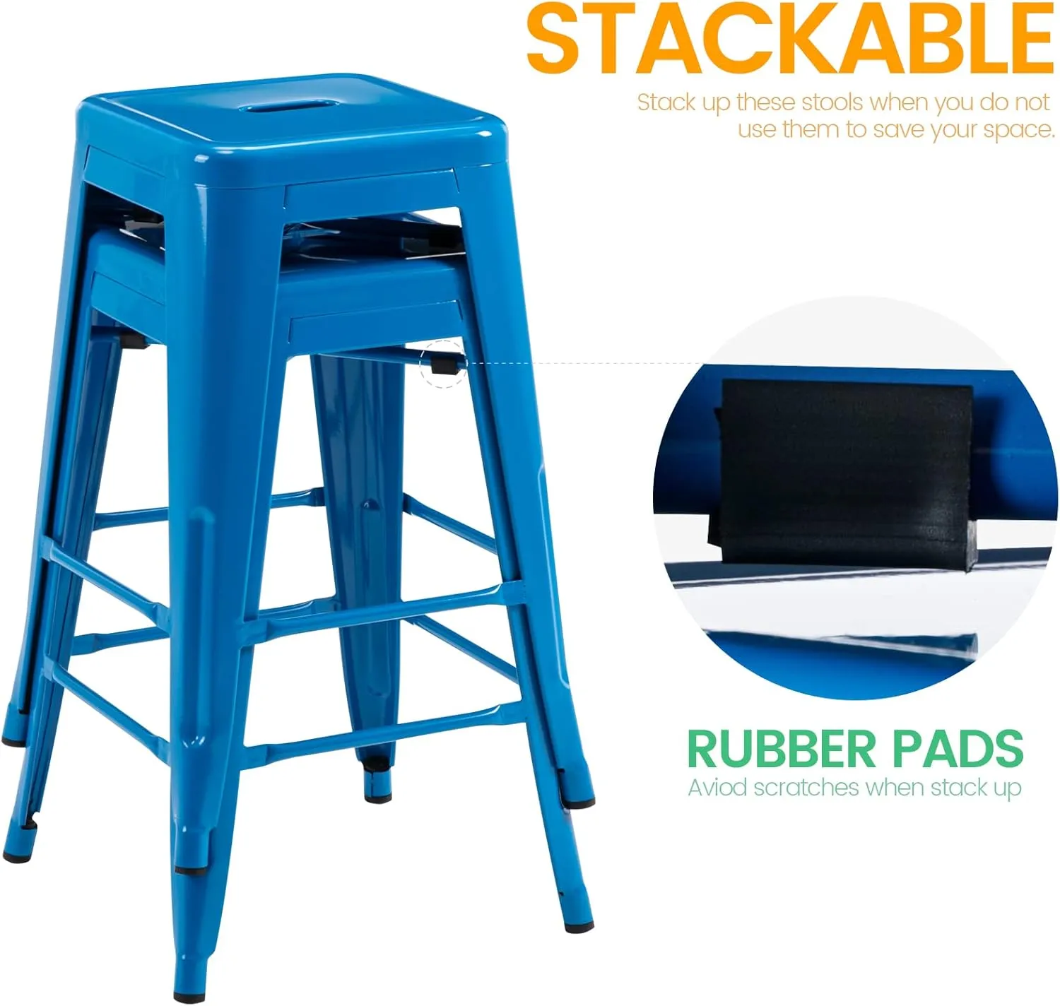Vogue Furniture Direct 24 Inch Metal Bar Stools, Backless Counter Height Barstools, Indoor Outdoor Stackable Stools with Square Seat, Set of 2 (Blue)