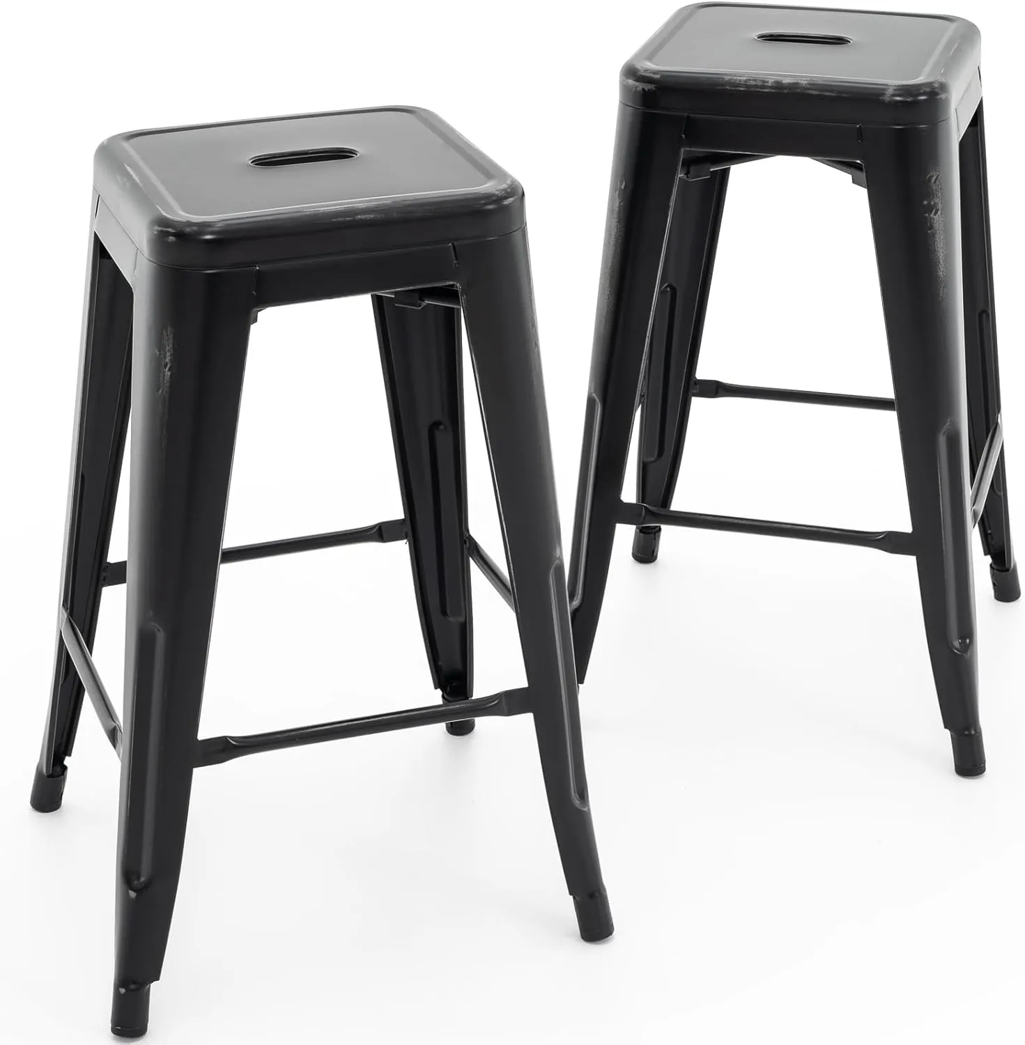 Vogue Furniture Direct 24 Inch Metal Bar Stools, Backless Counter Height Barstools, Indoor Outdoor Stackable Stools with Square Seat, Set of 2 (Distressed Black)