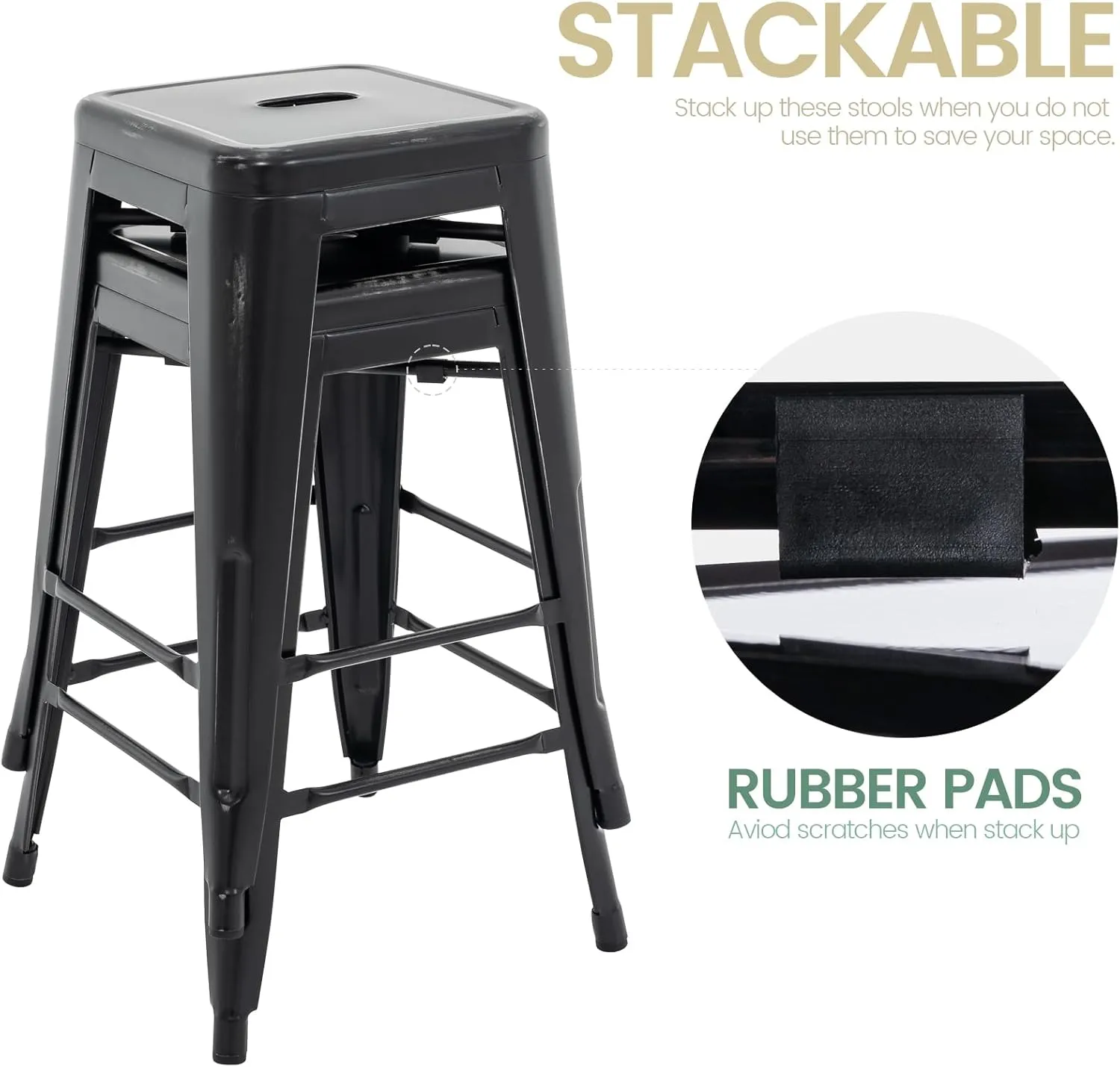 Vogue Furniture Direct 24 Inch Metal Bar Stools, Backless Counter Height Barstools, Indoor Outdoor Stackable Stools with Square Seat, Set of 2 (Distressed Black)