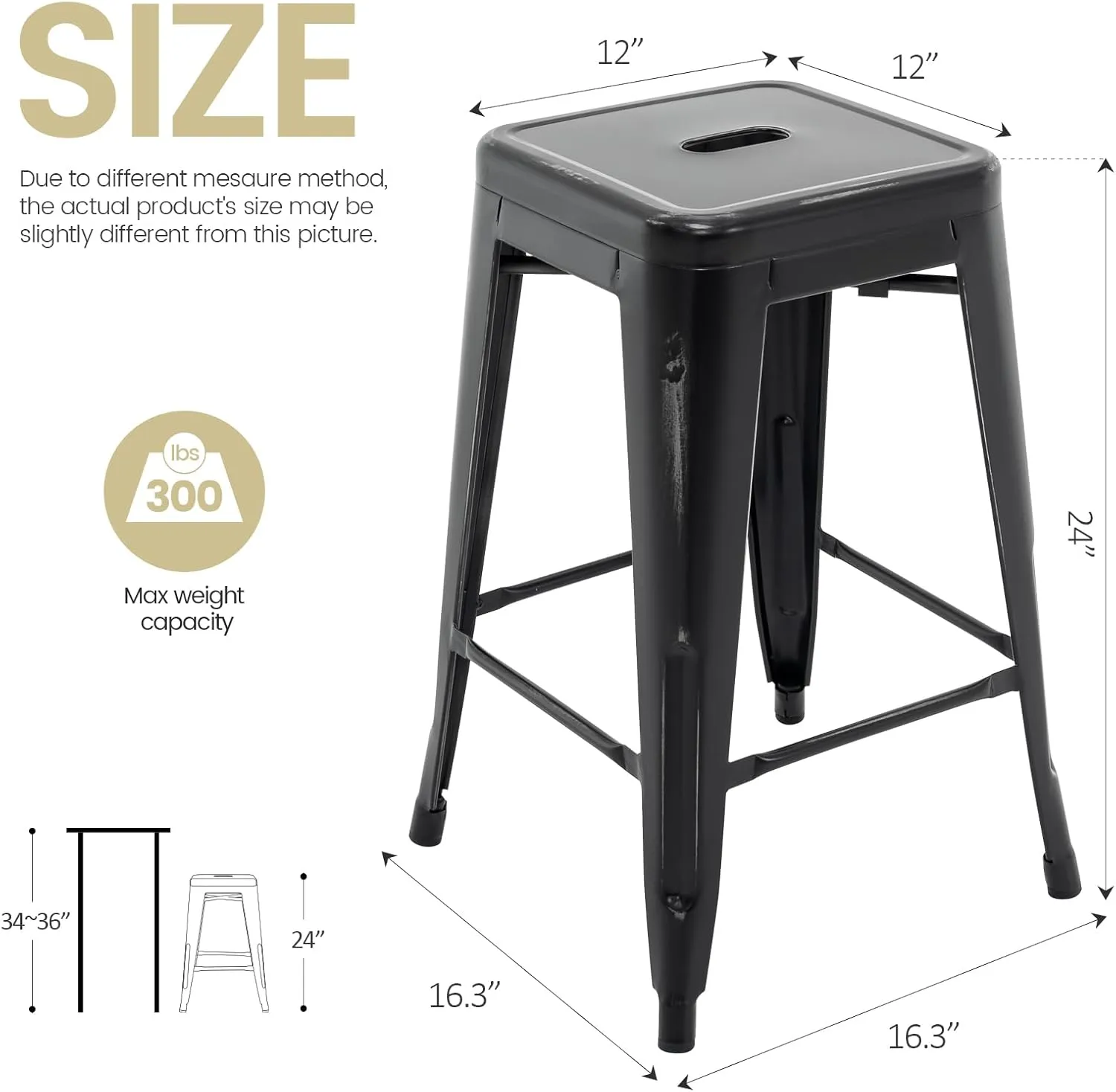 Vogue Furniture Direct 24 Inch Metal Bar Stools, Backless Counter Height Barstools, Indoor Outdoor Stackable Stools with Square Seat, Set of 2 (Distressed Black)