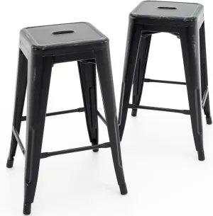 Vogue Furniture Direct 24 Inch Metal Bar Stools, Backless Counter Height Barstools, Indoor Outdoor Stackable Stools with Square Seat, Set of 2 (Distressed Black)