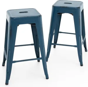 Vogue Furniture Direct 24 Inch Metal Bar Stools, Backless Counter Height Barstools, Indoor Outdoor Stackable Stools with Square Seat, Set of 2 (Distressed Deep Blue)