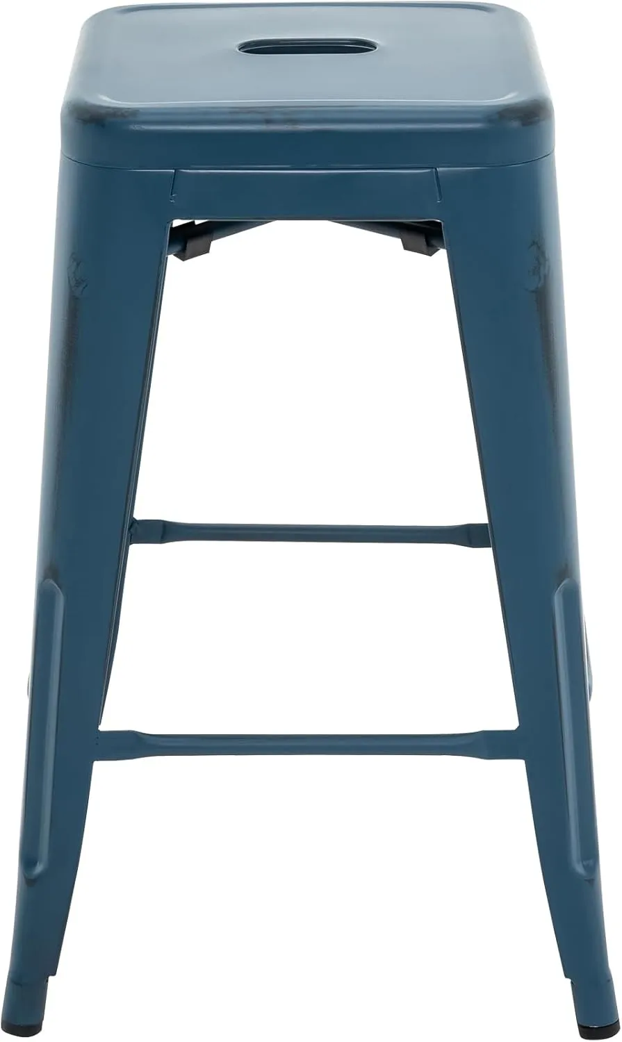 Vogue Furniture Direct 24 Inch Metal Bar Stools, Backless Counter Height Barstools, Indoor Outdoor Stackable Stools with Square Seat, Set of 2 (Distressed Deep Blue)