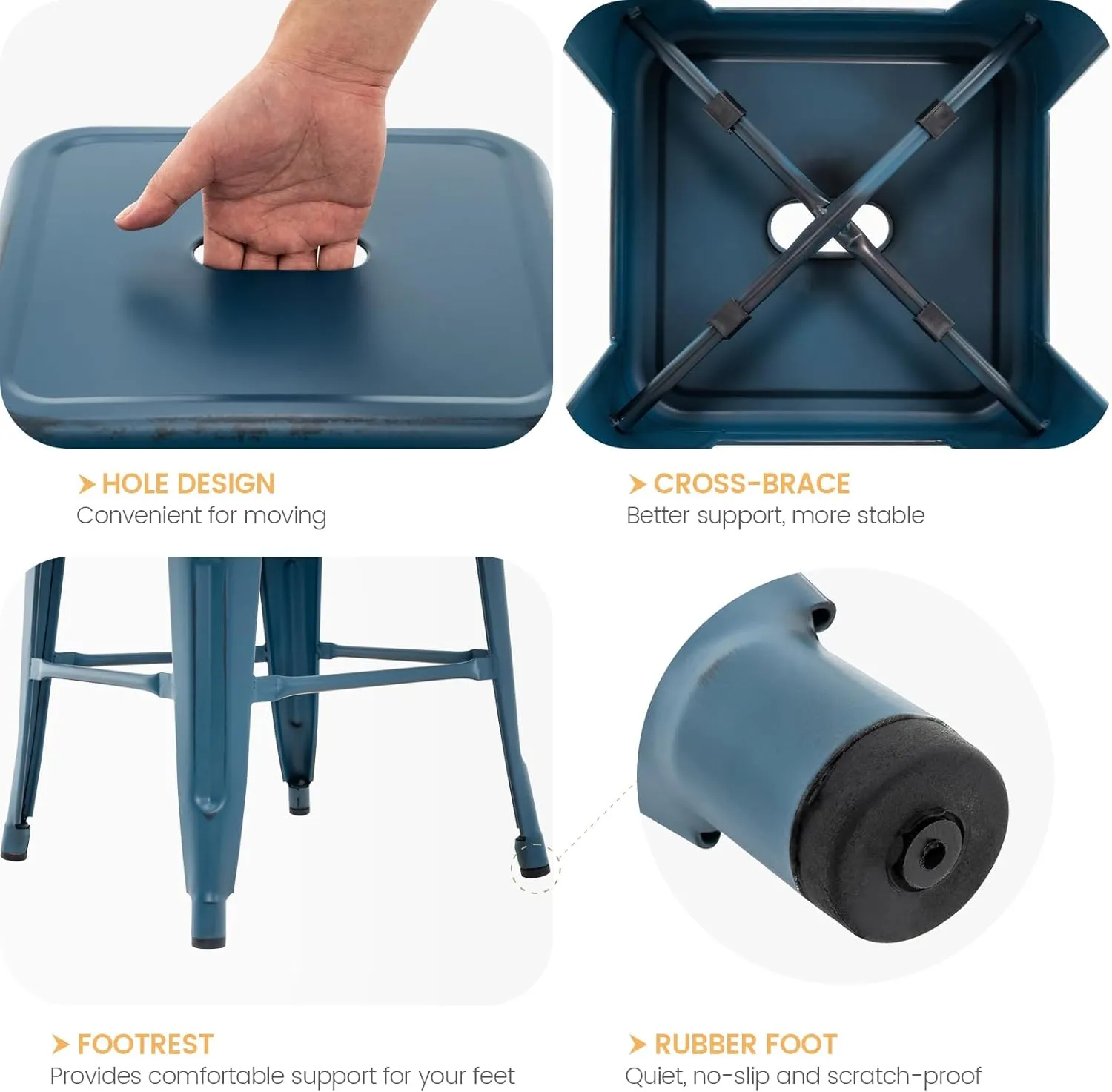 Vogue Furniture Direct 24 Inch Metal Bar Stools, Backless Counter Height Barstools, Indoor Outdoor Stackable Stools with Square Seat, Set of 2 (Distressed Deep Blue)