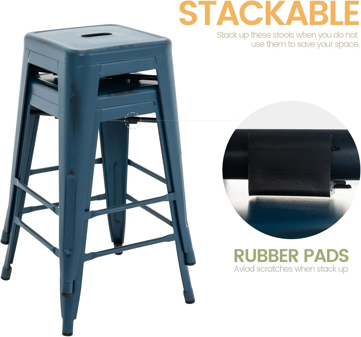 Vogue Furniture Direct 24 Inch Metal Bar Stools, Backless Counter Height Barstools, Indoor Outdoor Stackable Stools with Square Seat, Set of 2 (Distressed Deep Blue)