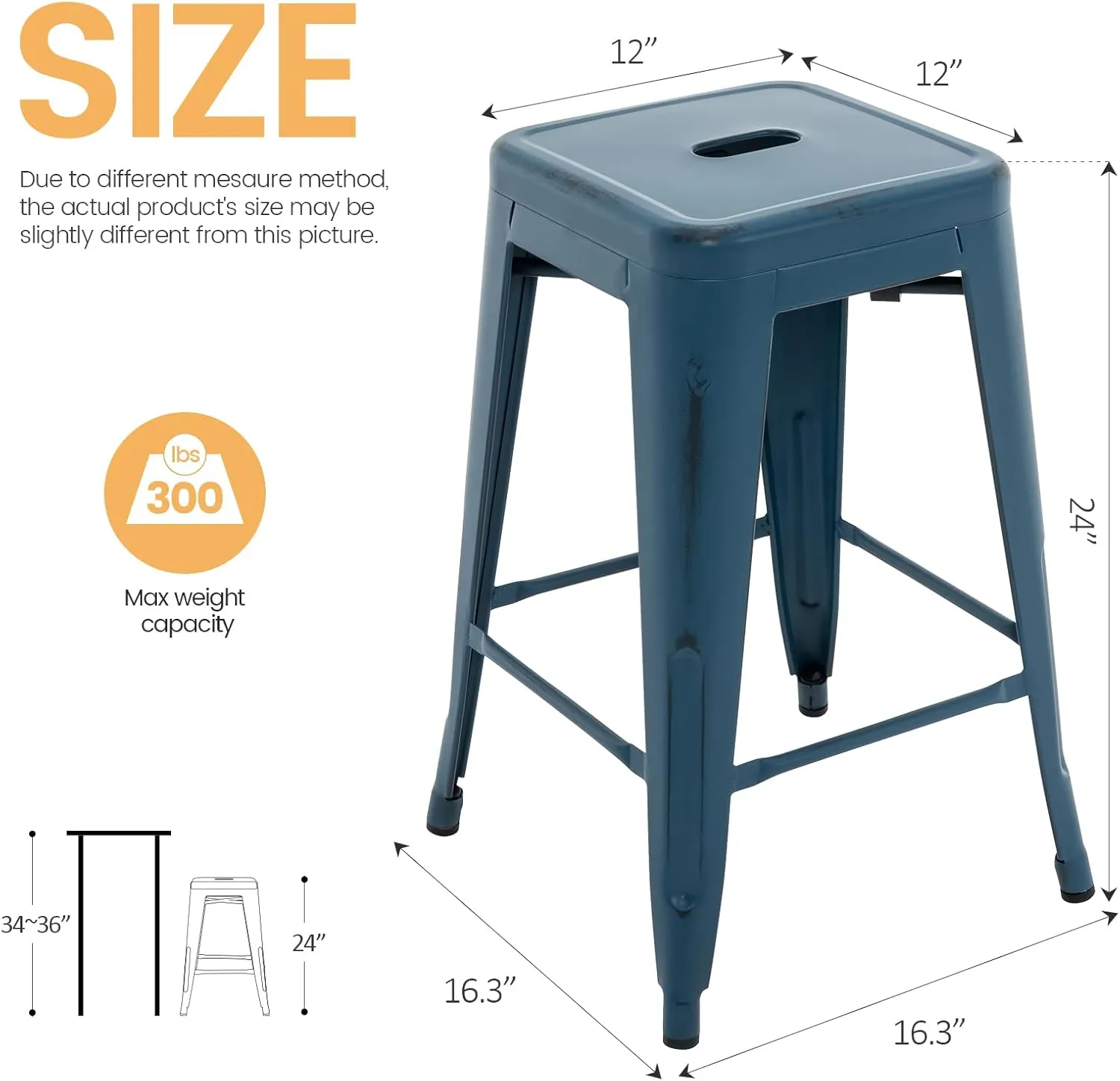 Vogue Furniture Direct 24 Inch Metal Bar Stools, Backless Counter Height Barstools, Indoor Outdoor Stackable Stools with Square Seat, Set of 2 (Distressed Deep Blue)